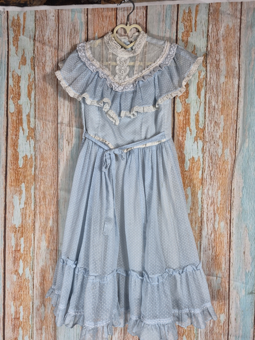 Gunne Sax Vintage Light Blue Polka Dot Lace Ruffle Dress Size 10 Kids